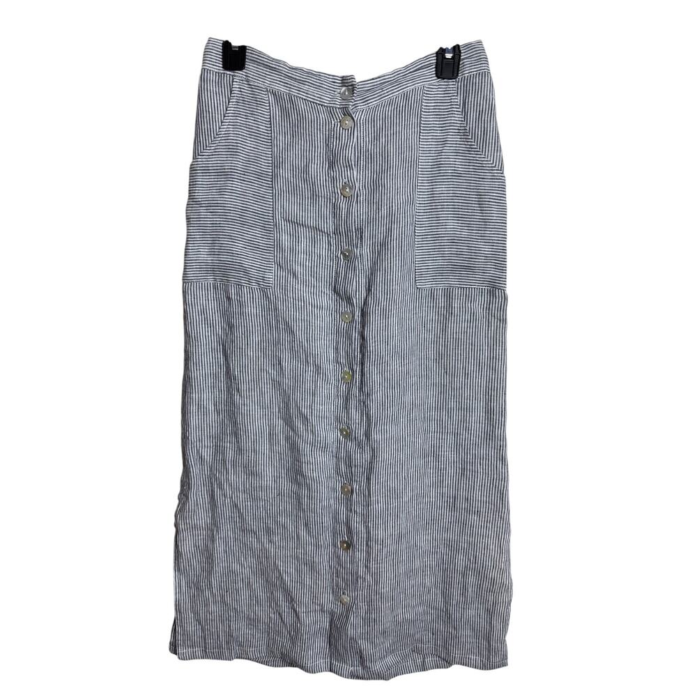 St. Tropez 100% Linen Striped Button Front Midi Skirt size M Coastal Utility